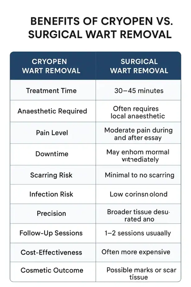 Table showing the benefits of cryopen to remove warts Thame compared to surgical treatment